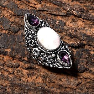 Rose quartz and amethyst Victorian style ring